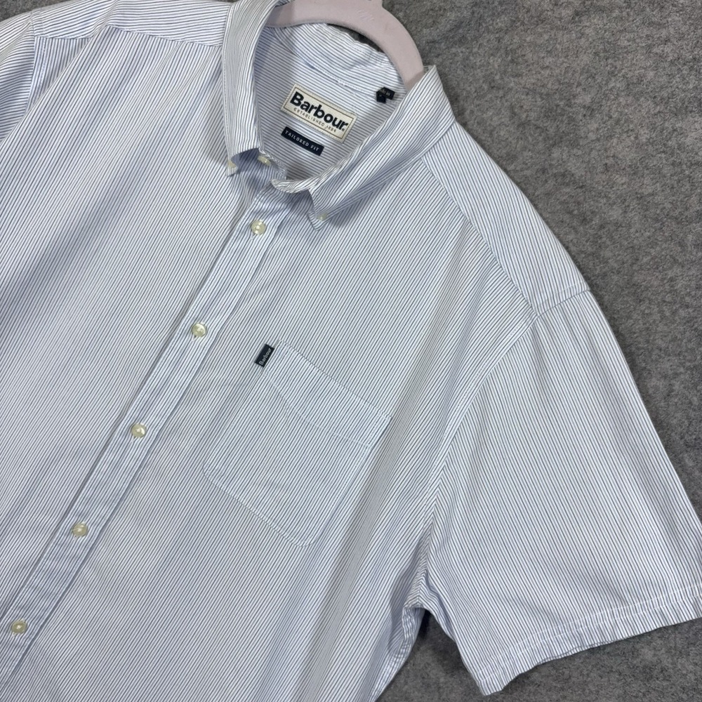 Barbour Button Up Shirt Mens Sz L Blue Striped Tailored Fit Pocket Lightweight
